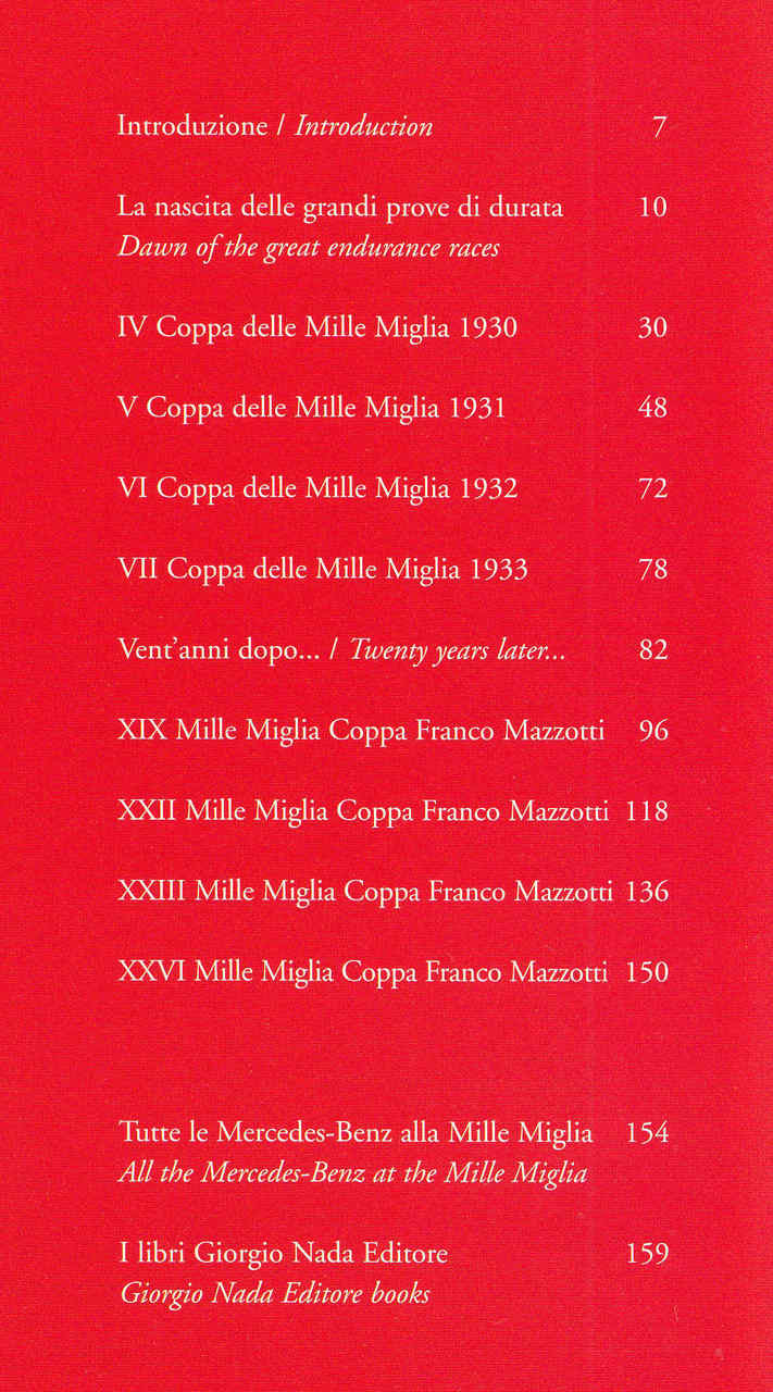 Book page with introduction heading and list of Mille Miglia chapters