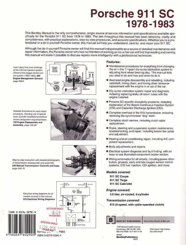 Workshop manual page with engine and maintenance diagrams plus feature and specs sections