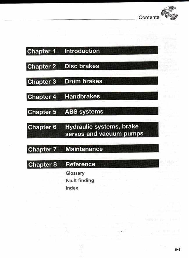 Automotive brake repair manual contents page listing chapters 1–8