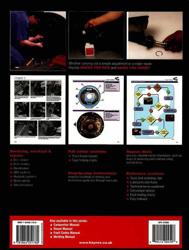 Automotive brake repair manual back cover with barcode, specs, and warranty details