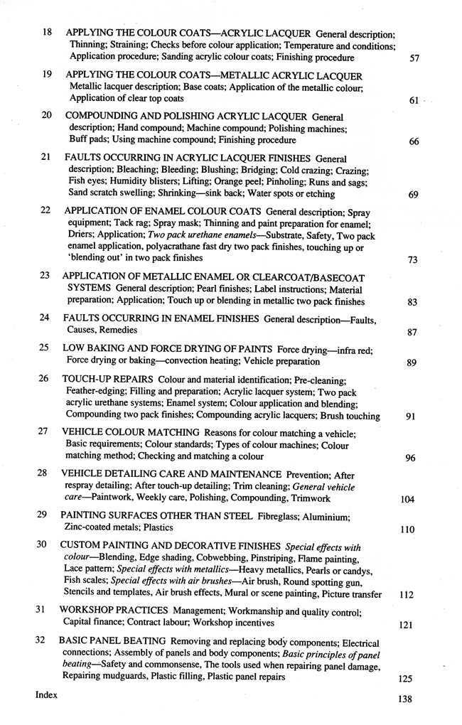 Spray Painting Motor Vehicles book page with numbered chapters and painting topics
