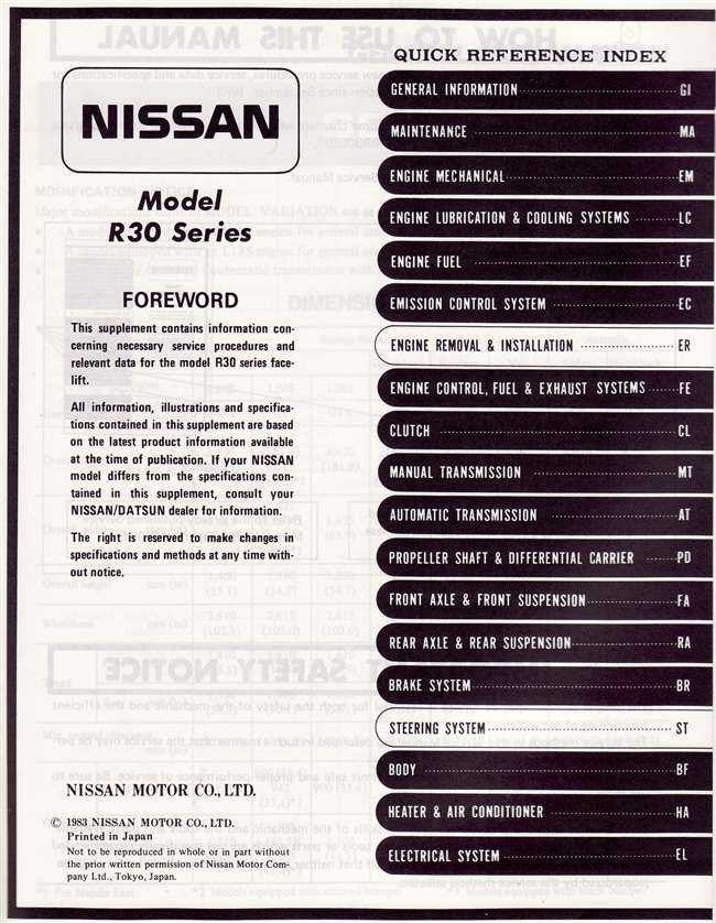 Nissan Skyline Model R30 Series Service Manual Supplement