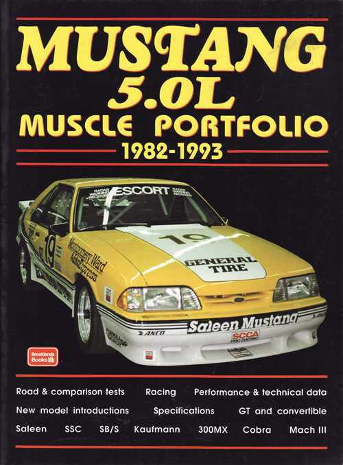 Automotive book cover with large Mustang 5.0L muscle portfolio text and car front view
