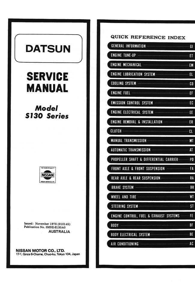 Nissan Datsun 280ZX Model S130 Series 1978 - 1984 Workshop Manual