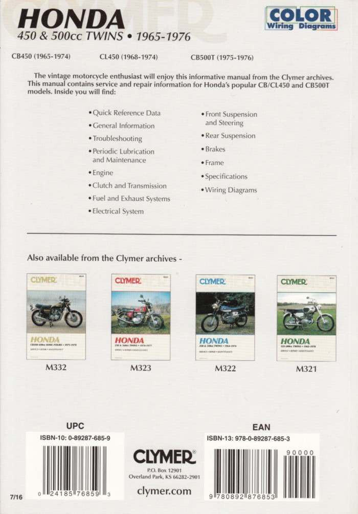 Motorcycle service manual back cover for Honda 450/500cc twins, includes wiring diagrams
