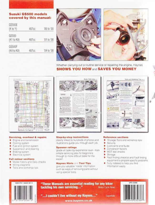 Motorcycle service manual spread with repair diagrams and close-up photo steps
