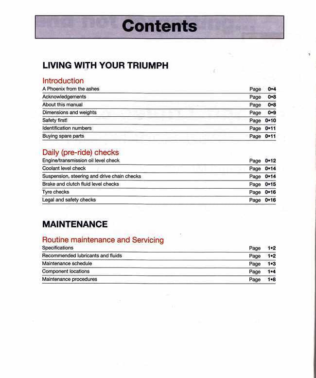 Workshop manual contents page: living with your Triumph, daily checks and maintenance