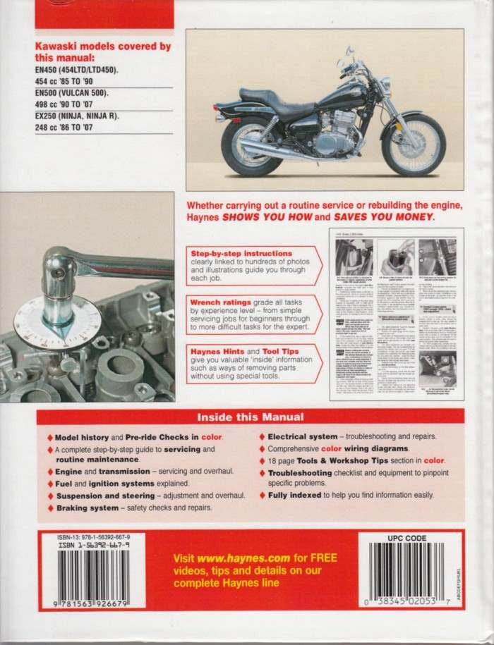 Haynes Kawasaki workshop manual back cover with model list, engine photos, barcode, UPC