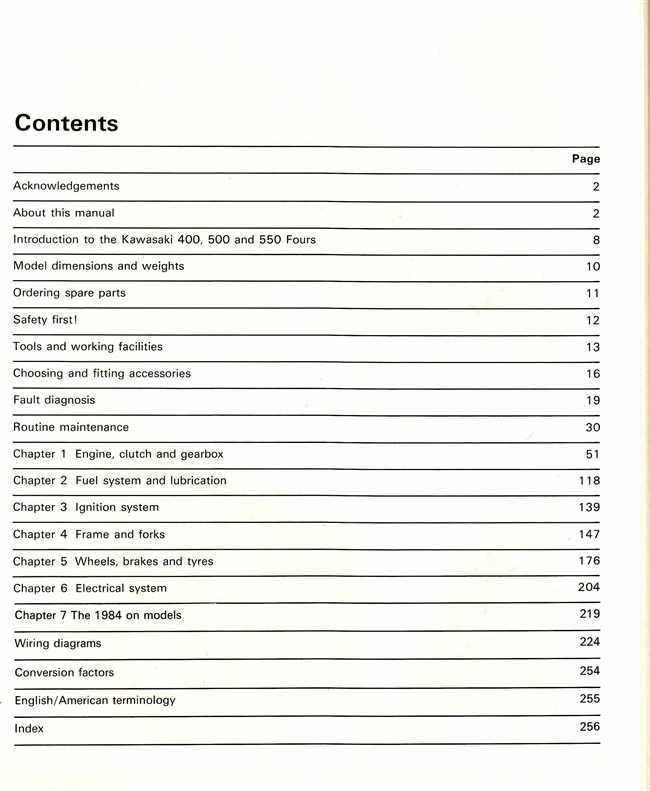 Workshop manual contents page with numbered chapters, safety, and engine and electrical sections