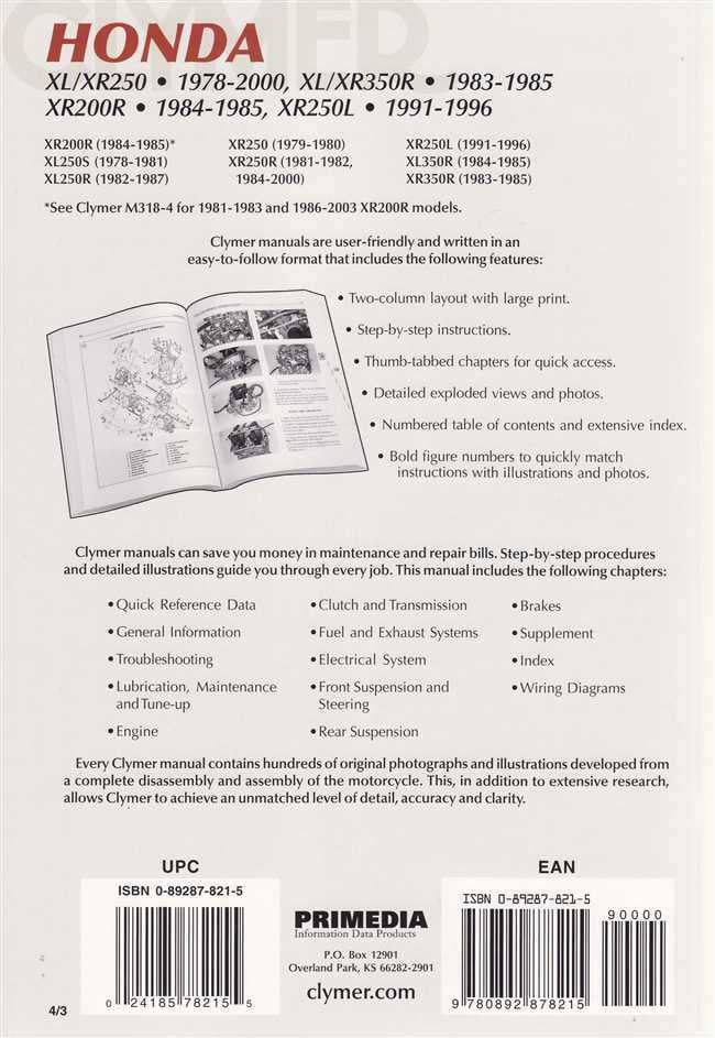 Honda XL250 XR250 XL350R XR350R XR200R XR250L 1978 - 2000 Workshop Manual