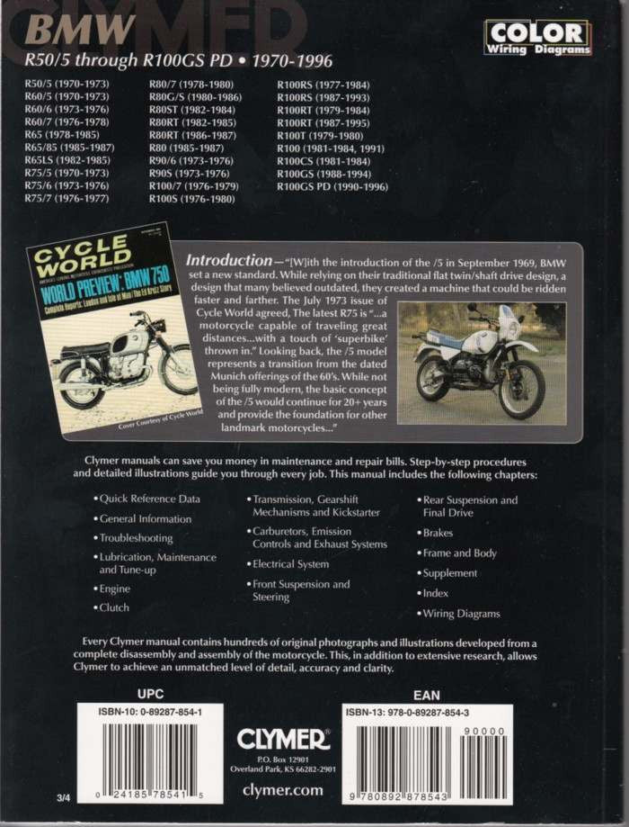 BMW R50/5 through R100GS PD 1970 - 1996 Workshop Manual Back Cover