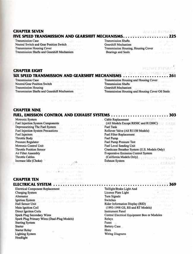 Clymer workshop manual table of contents page listing chapters on engine systems