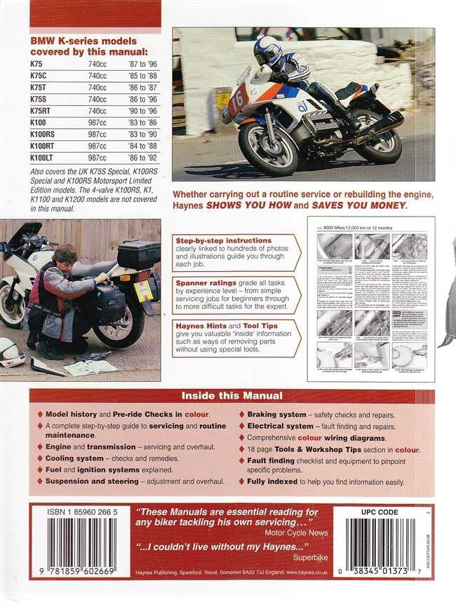 BMW motorcycle repair manual back cover with model chart, tools diagrams, barcode