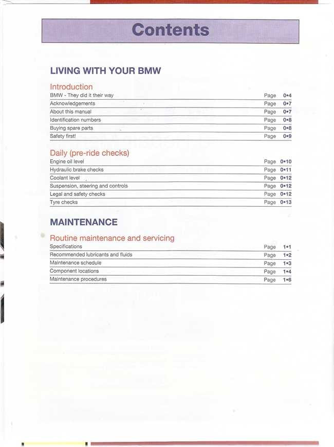 Manual contents page listing sections like daily ride checks, maintenance, repairs and overhaul