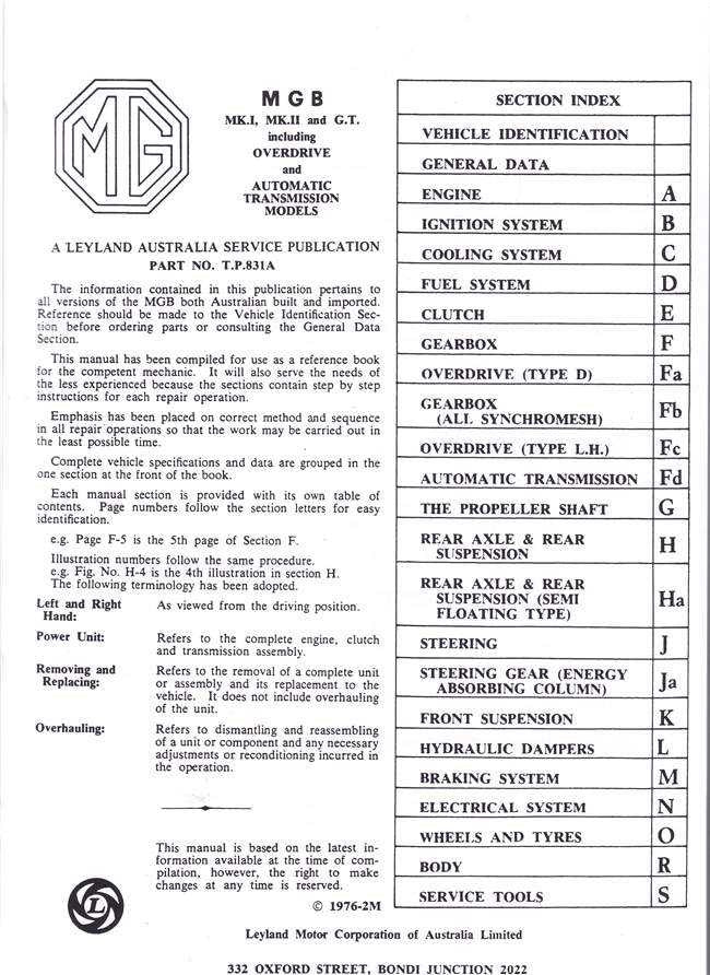 MGB MK 1, MK 2, and G.T. Workshop Manual