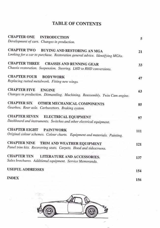 Automobile restoration guide book, table of contents with car line drawing