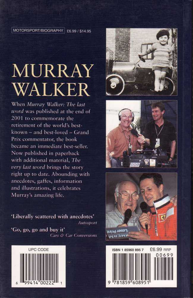 Murray Walker motorsport biography book, back cover with barcode and synopsis