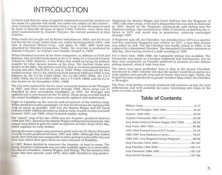 Jeep photo archive introduction page with table of contents section list