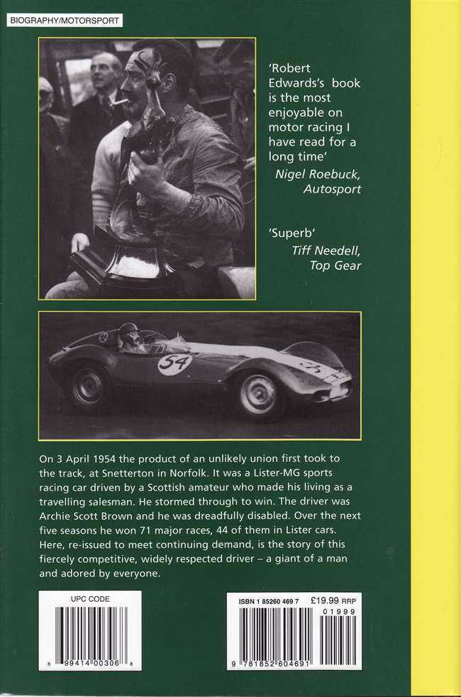 Signed racing biography book back cover with portrait and sports car photo layout