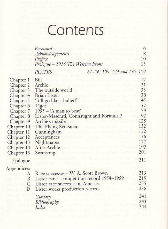 Book contents page with section headings and page numbers