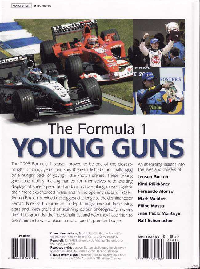 Motorsport racing book back cover with Formula 1 cars and driver portraits