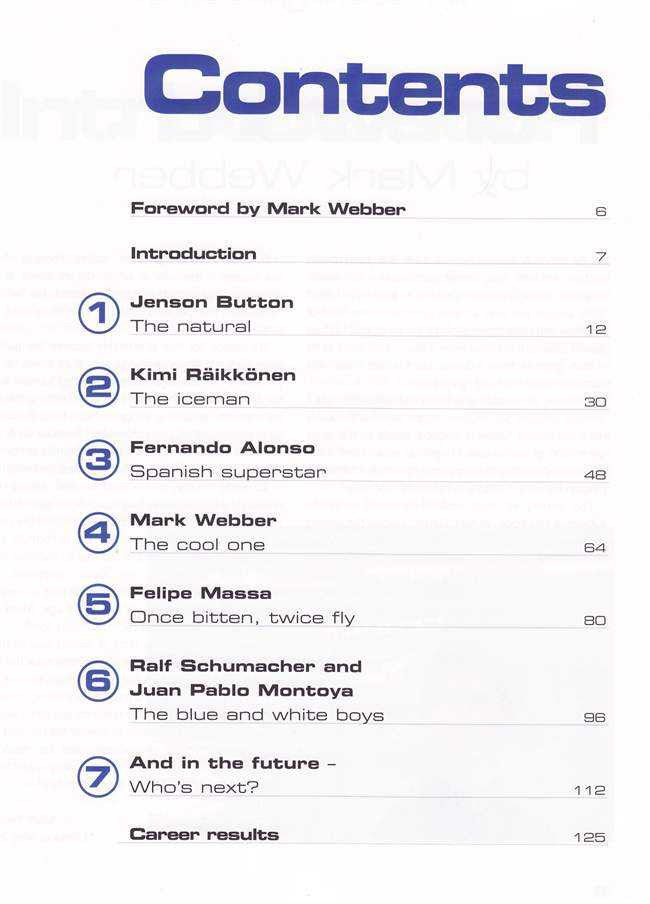 Motorsport racing book contents page with numbered sections and driver names