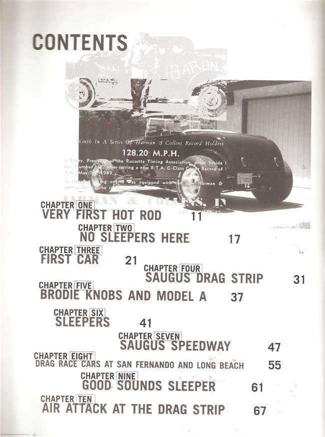 Hot rodder book contents page with chapters and page numbers