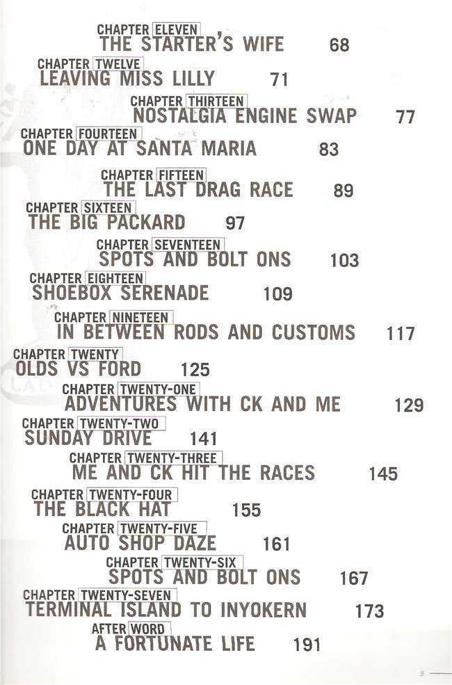 Hot rodder book contents page listing chapters and hot rod titles