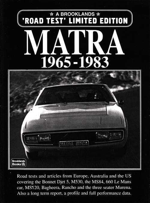 Matra 1965–1983 road tests book cover with front view sports car and title