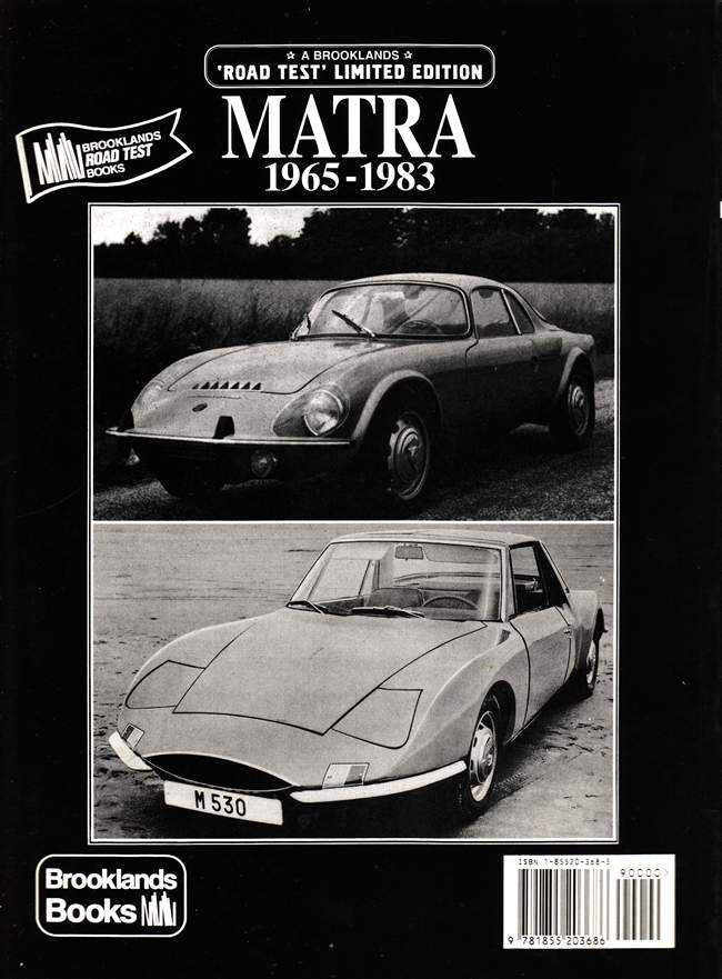 Matra road tests book cover, black-and-white sports cars collage, 1965–1983
