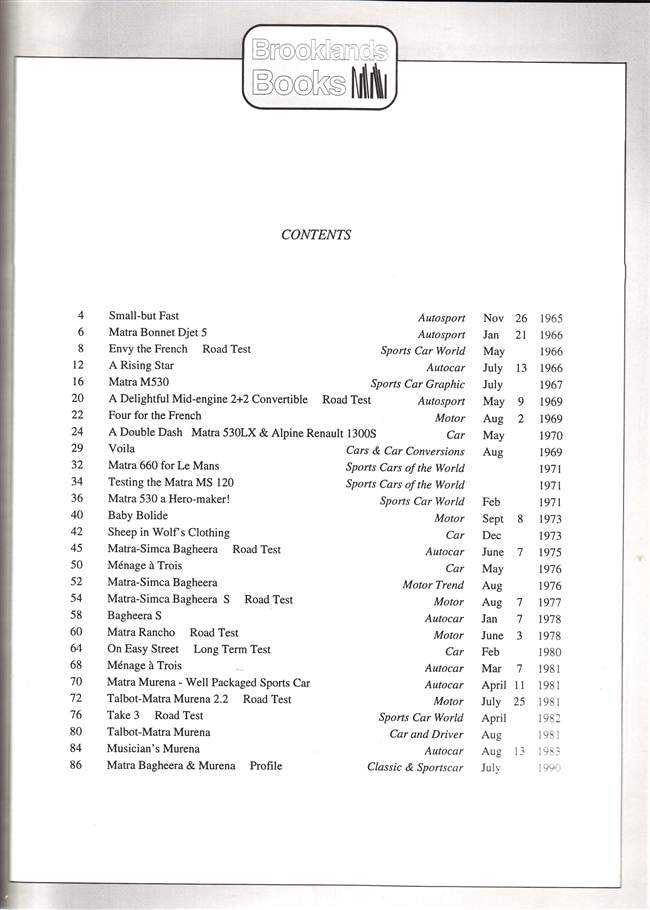 Matra road tests book contents page with numbered test and article list