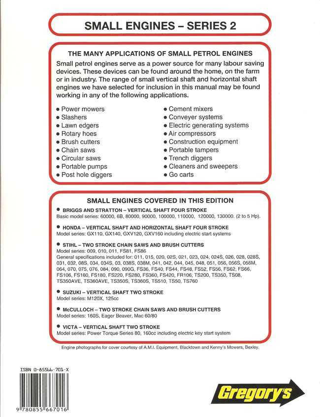 Workshop manual back cover listing small engine models and coverage