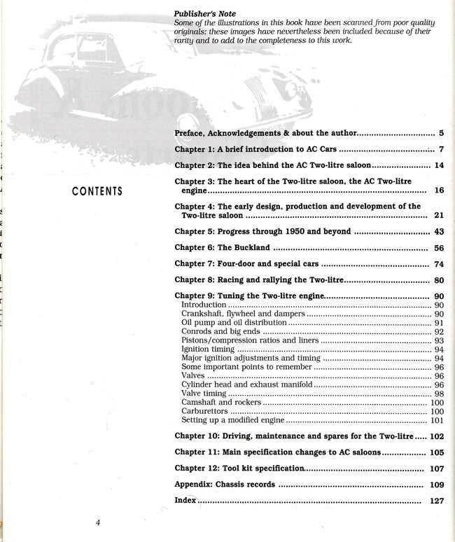 AC two-litre saloons & Buckland sports cars book contents page with chapter list