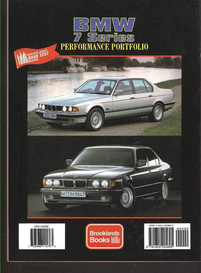 BMW 7 Series performance portfolio book back cover with two car photos and barcodes