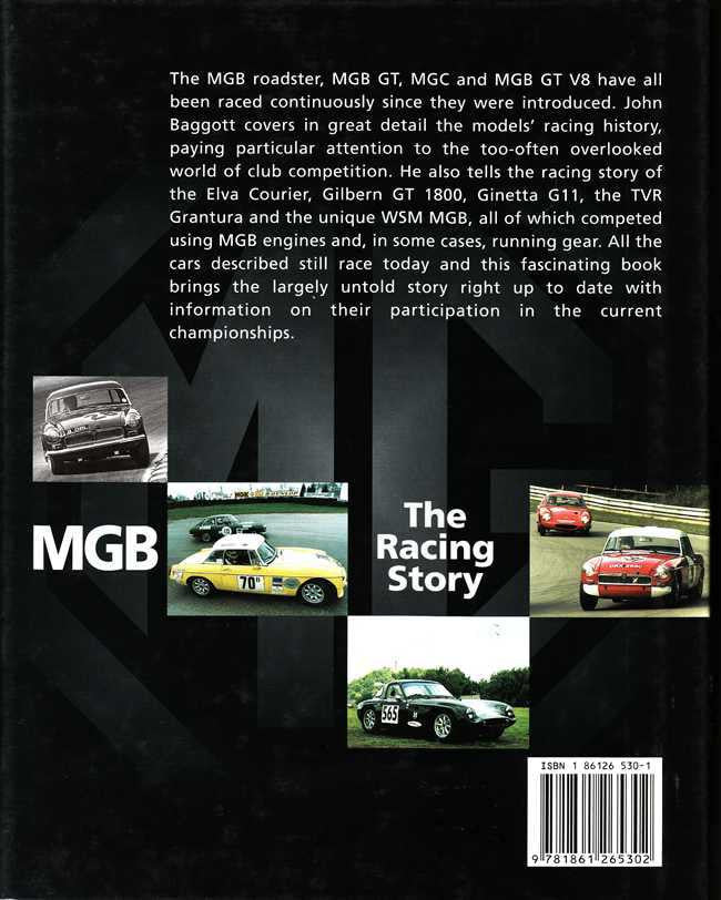 Racing story book back cover with summary text and small classic car photos