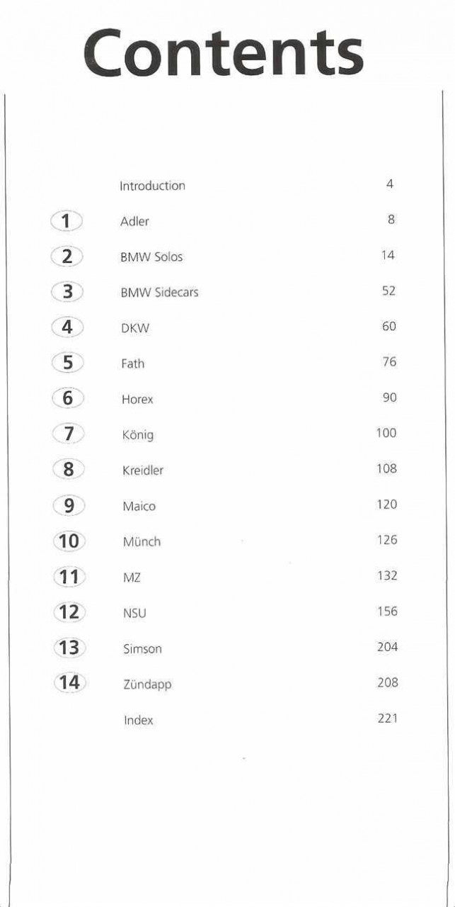 German racing motorcycles book contents page with section list and page numbers