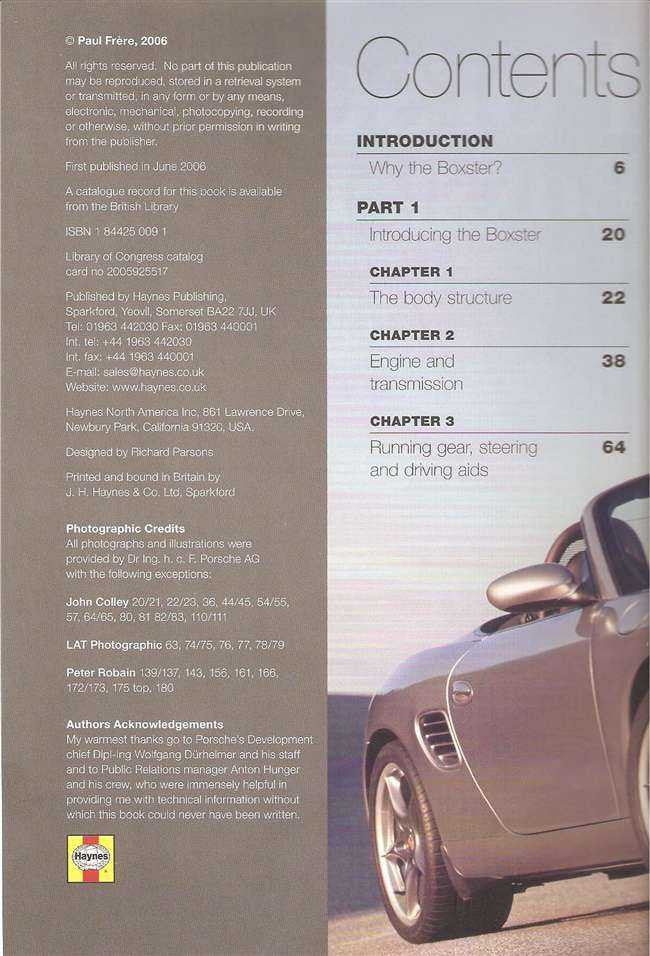 Book contents page with chapter list and side view car photo