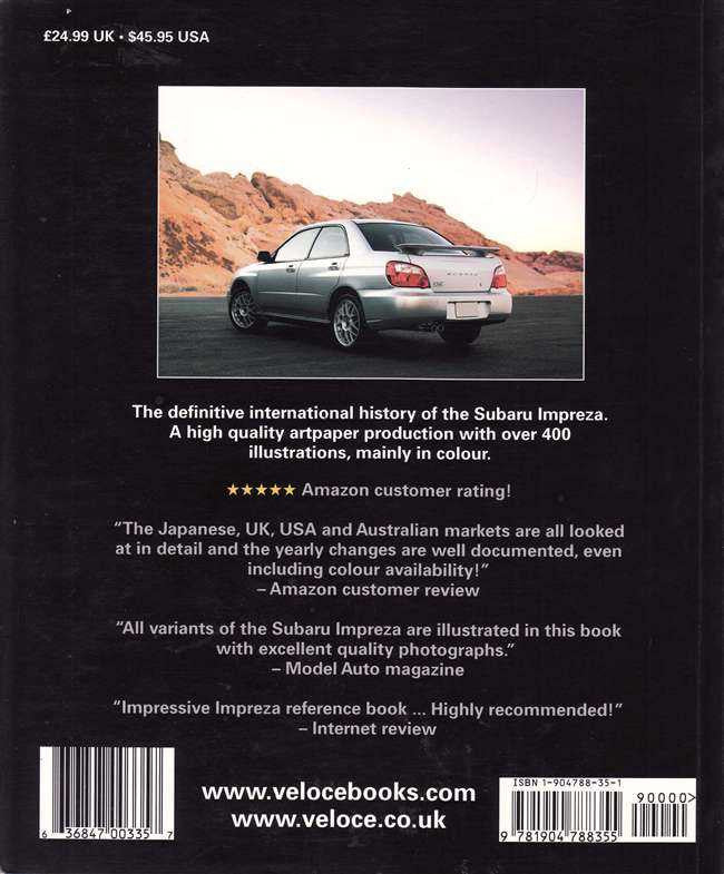Softbound car history book back cover with rear car photo and website bar