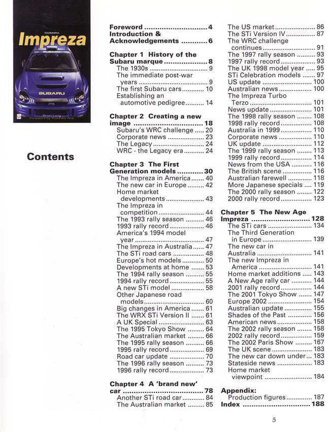 Softbound car history book contents page with chapter list and page numbers