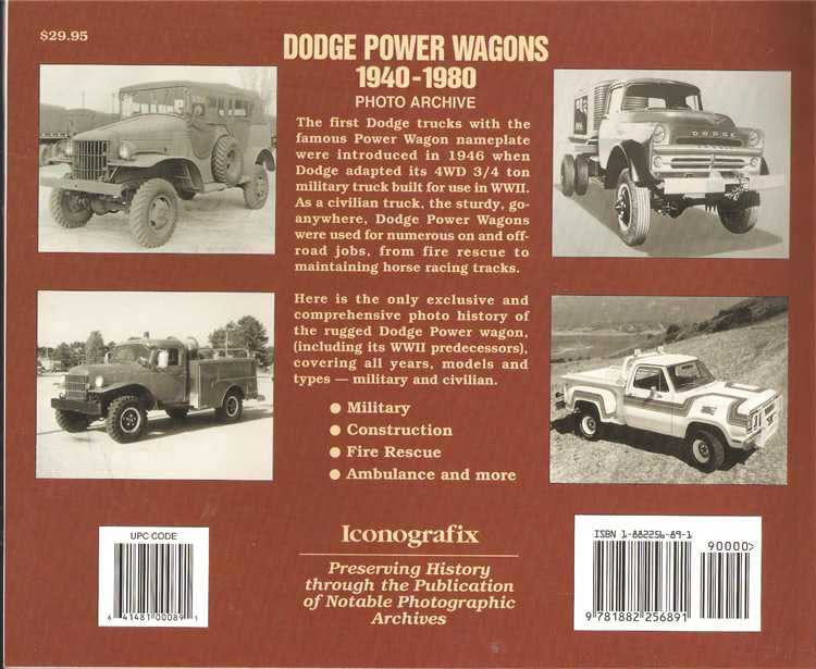 Dodge Power Wagons 1940–1980 photo archive back cover with multiple truck photos