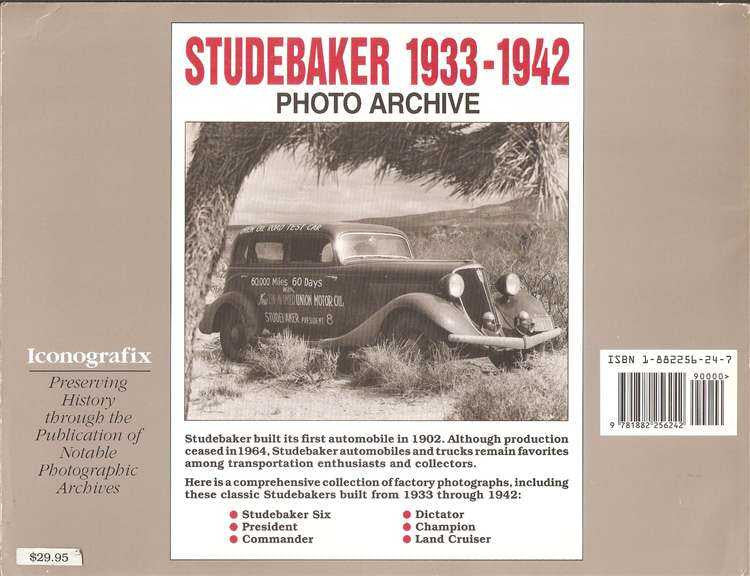 Studebaker 1933–1942 photo archive book back cover with car photo, ISBN, and barcode
