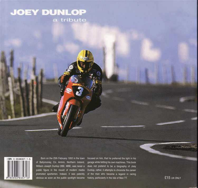 Motorcycle racing tribute book back cover with action photo of a rider on track