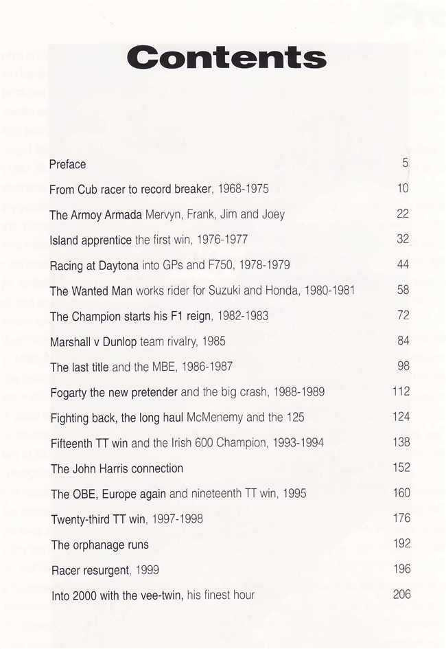 Motorcycle racing tribute book contents page with section headings and page numbers