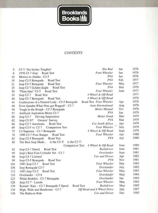Book contents page listing chapters for Jeep CJ-5 & CJ-7