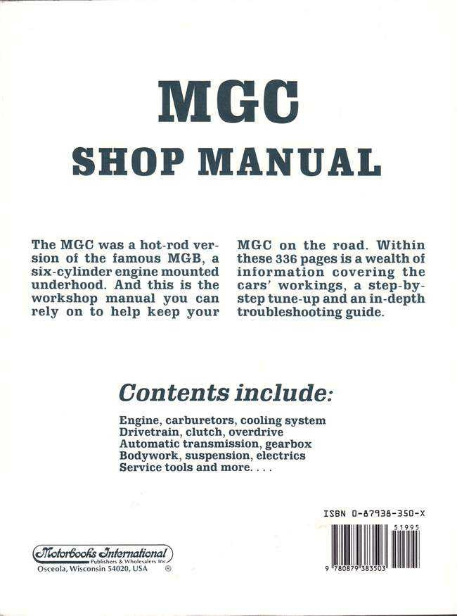 MGC shop manual back cover with contents and ISBN barcode