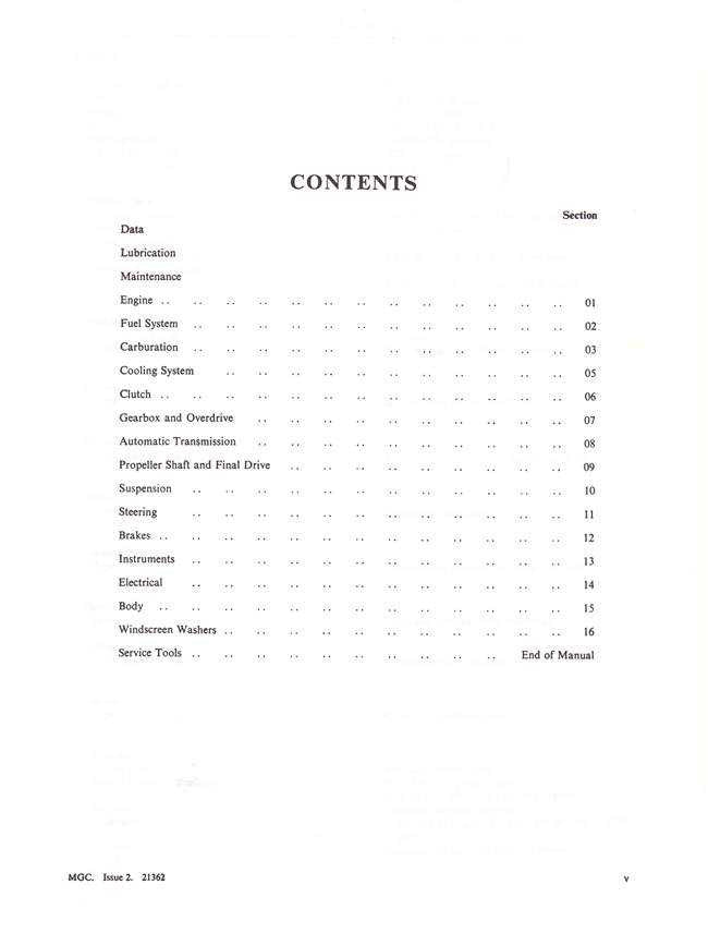 MGC shop manual contents page with section list and pagination