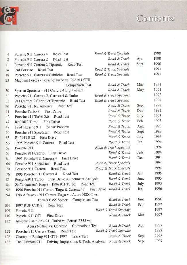 Road & Track Porsche 911 portfolio contents page with numbered test listings