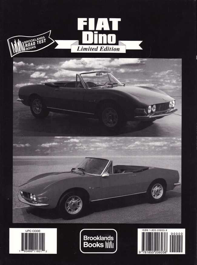 Vintage-style book titled Fiat Dino Limited Edition, featuring a dark sports car cover