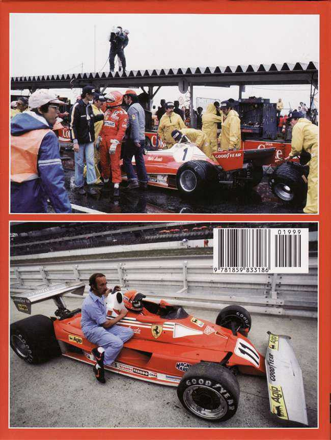 Paperback book with racing car photos and barcode panel on back cover