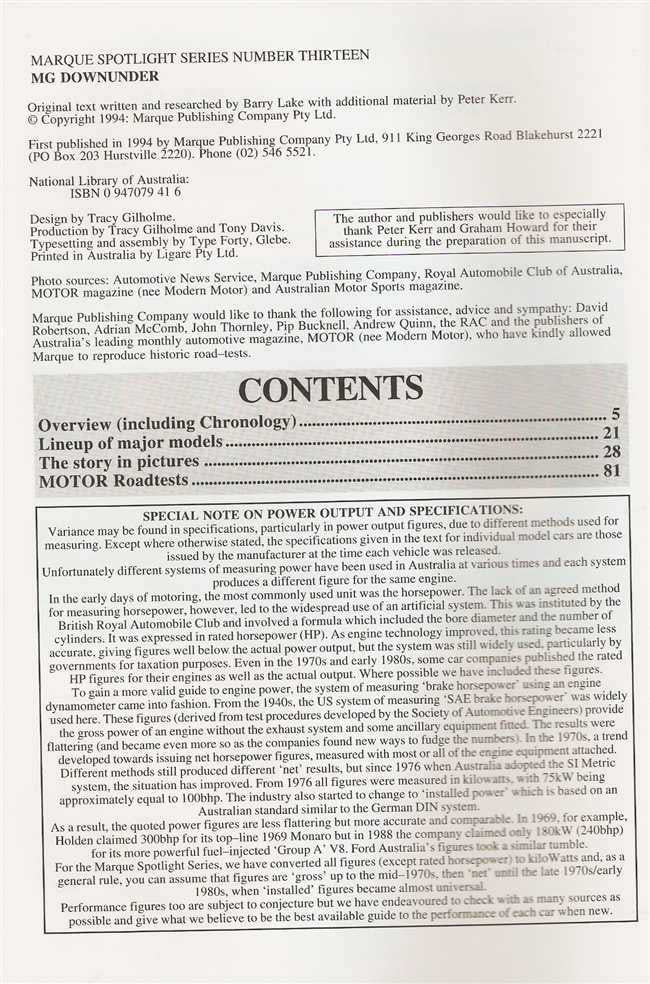 Automotive guide book contents page with headings, sections, and text